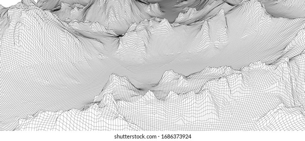 Abstract 3d wire-frame landscape. Blueprint style. Vector rendering from 3D model. Geology Terrain