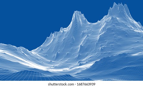 Panorama abstracto del bastidor de alambre 3d. Estilo Blueprint. Representación vectorial del modelo 3D. Terreno geológico