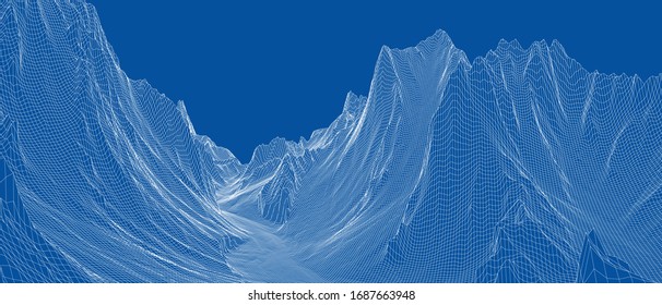 Abstract 3d wire-frame landscape. Blueprint style. Vector rendering from 3D model. Geology Terrain