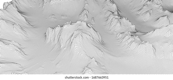 Abstract 3d wire-frame landscape. Blueprint style. Vector rendering from 3D model. Geology Terrain