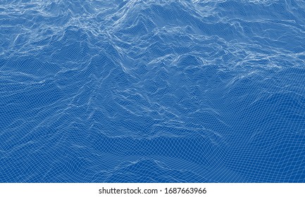 Panorama abstracto del bastidor de alambre 3d. Estilo Blueprint. Representación vectorial del modelo 3D. Terreno geológico