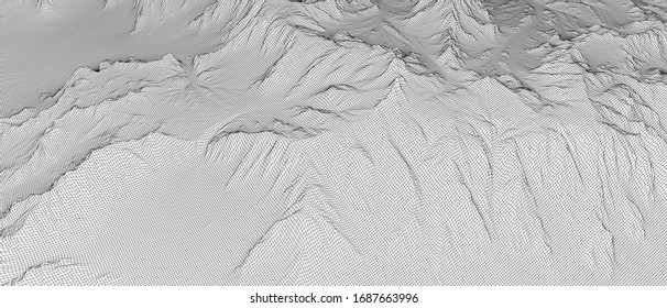 Abstract 3d wire-frame landscape. Blueprint style. Vector rendering from 3D model. Geology Terrain
