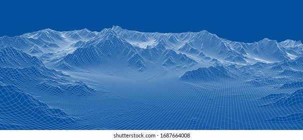 Abstract 3d wire-frame landscape. Blueprint style. Vector rendering from 3D model. Geology Terrain