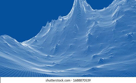 Abstract 3d wire-frame landscape. Blueprint style. Vector rendering from 3D model. Geology Terrain