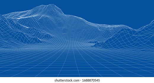 Abstract 3d wire-frame landscape. Blueprint style. Vector rendering from 3D model. Geology Terrain