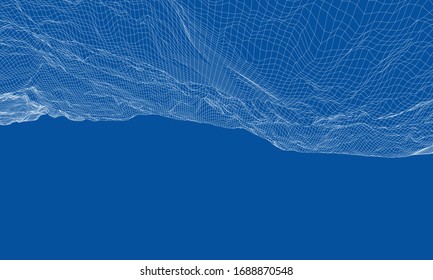 Abstract 3d wire-frame landscape. Blueprint style. Vector rendering from 3D model. Geology Terrain