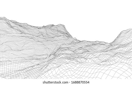 Abstract 3d wire-frame landscape. Blueprint style. Vector rendering from 3D model. Geology Terrain