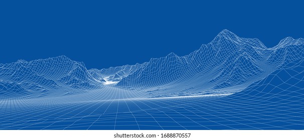Abstract 3d wire-frame landscape. Blueprint style. Vector rendering from 3D model. Geology Terrain