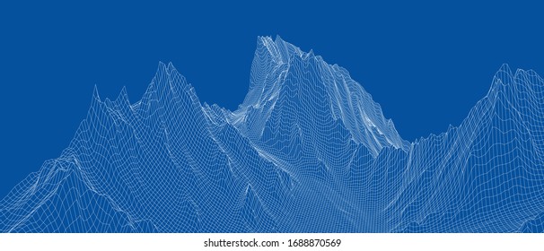 Abstract 3d wire-frame landscape. Blueprint style. Vector rendering from 3D model. Geology Terrain