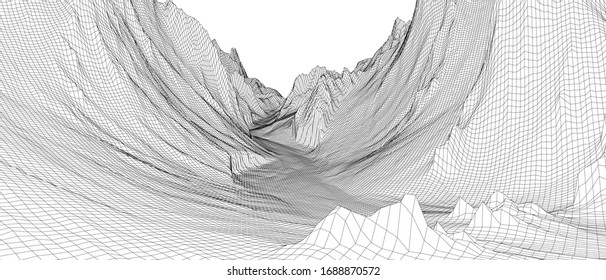 Abstract 3d wire-frame landscape. Blueprint style. Vector rendering from 3D model. Geology Terrain