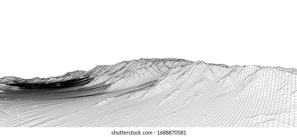 Panorama abstracto del bastidor de alambre 3d. Estilo Blueprint. Representación vectorial del modelo 3D. Terreno geológico