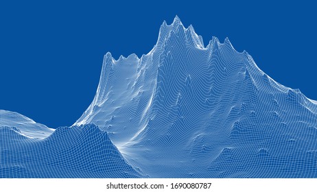 Abstract 3d wire-frame landscape. Blueprint style. Vector rendering from 3D model. Geology Terrain