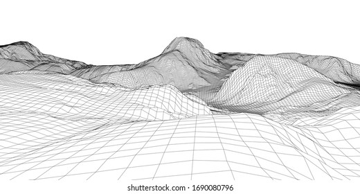 Abstract 3d wire-frame landscape. Blueprint style. Vector rendering from 3D model. Geology Terrain