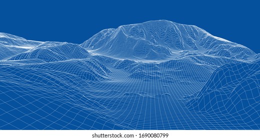 Abstrakte 3D-Drahtlandschaft. Blueprint-Stil. Vektorillustration-Rendering aus 3D-Modell. Geologisches Gelände