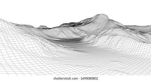 Panorama abstracto del bastidor de alambre 3d. Estilo Blueprint. Representación vectorial del modelo 3D. Terreno geológico
