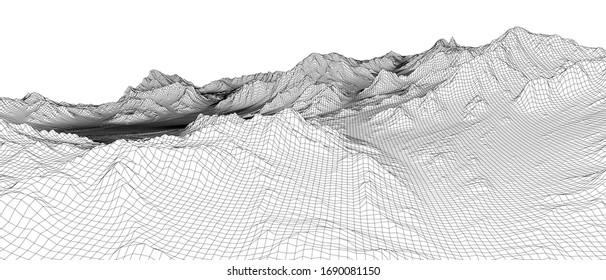 Abstract 3d wire-frame landscape. Blueprint style. Vector rendering from 3D model. Geology Terrain