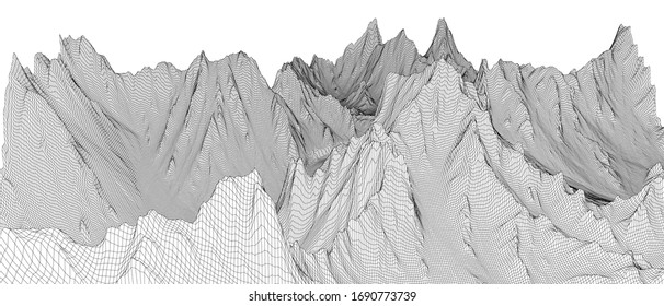 Abstrakte 3D-Drahtlandschaft. Blueprint-Stil. Vektorillustration-Rendering aus 3D-Modell. Geologisches Gelände