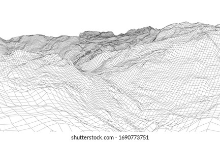 Abstract 3d wire-frame landscape. Blueprint style. Vector rendering from 3D model. Geology Terrain
