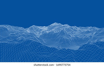 Abstract 3d wire-frame landscape. Blueprint style. Vector rendering from 3D model. Geology Terrain