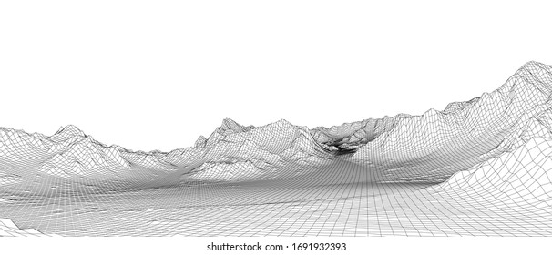 Abstract 3d wire-frame landscape. Blueprint style. Vector rendering from 3D model. Geology Terrain