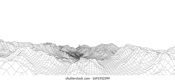 Abstract 3d wire-frame landscape. Blueprint style. Vector rendering from 3D model. Geology Terrain