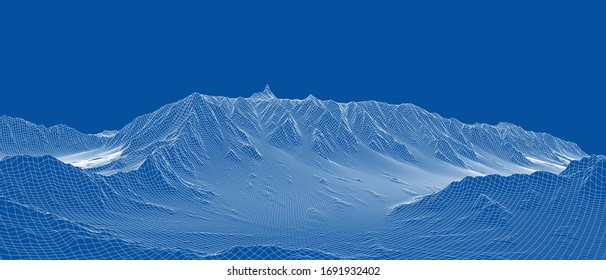 Abstract 3d wire-frame landscape. Blueprint style. Vector rendering from 3D model. Geology Terrain