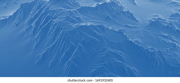 Abstrakte 3D-Drahtlandschaft. Blueprint-Stil. Vektorgrafik aus 3D-Modell. Geologisches Gelände