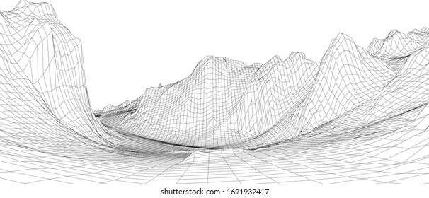 Abstract 3d wire-frame landscape. Blueprint style. Vector rendering from 3D model. Geology Terrain