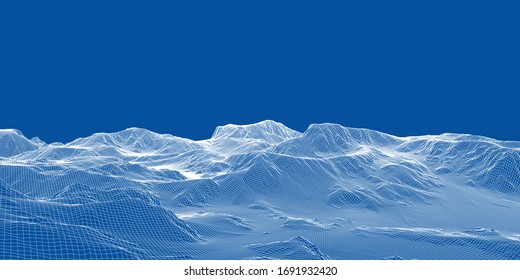 Abstract 3d wire-frame landscape. Blueprint style. Vector rendering from 3D model. Geology Terrain