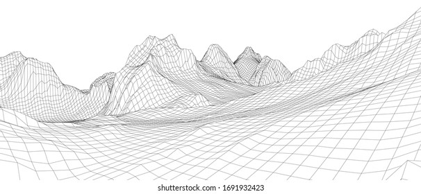 Panorama abstracto del bastidor de alambre 3d. Estilo Blueprint. Representación vectorial del modelo 3D. Terreno geológico