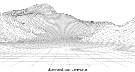 Abstract 3d wire-frame landscape. Blueprint style. Vector rendering from 3D model. Geology Terrain