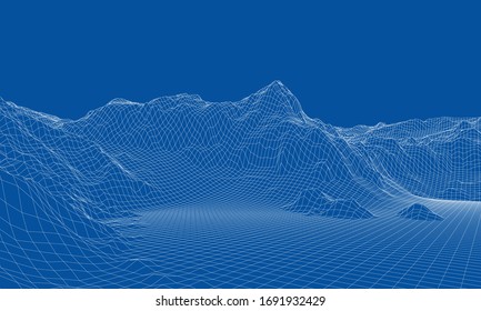 Abstract 3d wire-frame landscape. Blueprint style. Vector rendering from 3D model. Geology Terrain