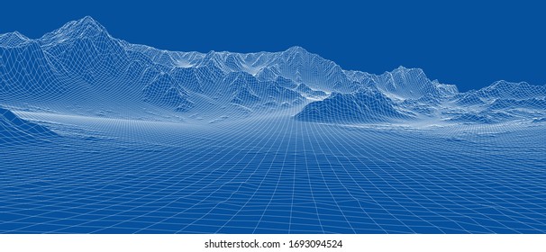Abstract 3d wire-frame landscape. Blueprint style. Vector rendering from 3D model. Geology Terrain