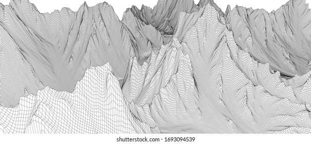 Abstract 3d wire-frame landscape. Blueprint style. Vector rendering from 3D model. Geology Terrain