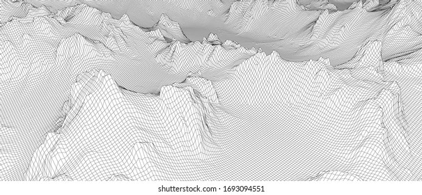 Abstract 3d wire-frame landscape. Blueprint style. Vector rendering from 3D model. Geology Terrain