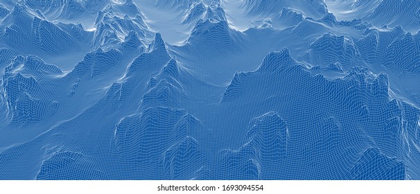 Abstract 3d wire-frame landscape. Blueprint style. Vector rendering from 3D model. Geology Terrain