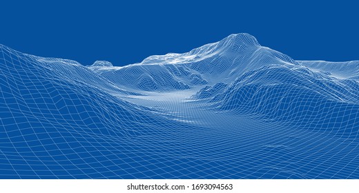 Abstract 3d wire-frame landscape. Blueprint style. Vector rendering from 3D model. Geology Terrain