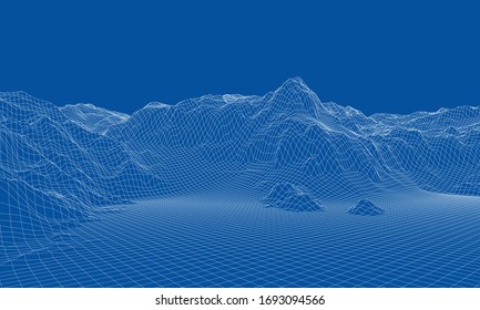 Abstract 3d wire-frame landscape. Blueprint style. Vector rendering from 3D model. Geology Terrain