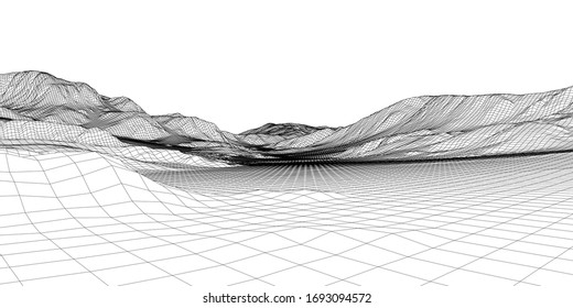 Abstract 3d wire-frame landscape. Blueprint style. Vector rendering from 3D model. Geology Terrain