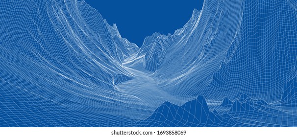 Abstract 3d wire-frame landscape. Blueprint style. Vector rendering from 3D model. Geology Terrain
