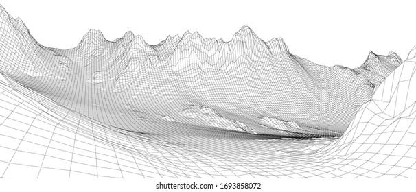 Panorama abstracto del bastidor de alambre 3d. Estilo Blueprint. Representación vectorial del modelo 3D. Terreno geológico