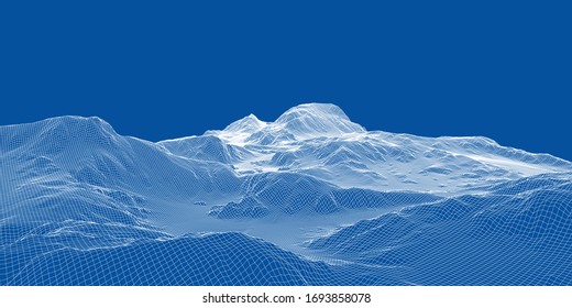 Abstract 3d wire-frame landscape. Blueprint style. Vector rendering from 3D model. Geology Terrain