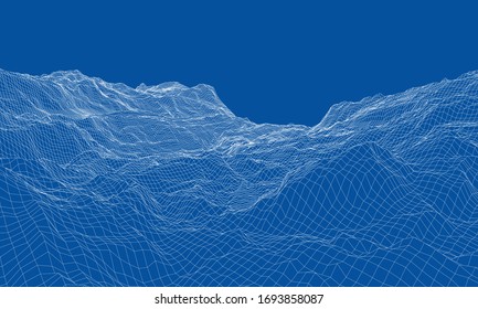 Abstract 3d wire-frame landscape. Blueprint style. Vector rendering from 3D model. Geology Terrain