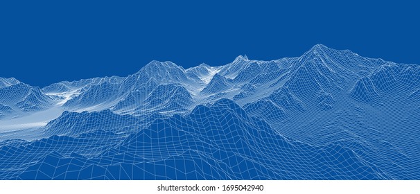 Abstract 3d wire-frame landscape. Blueprint style. Vector rendering from 3D model. Geology Terrain