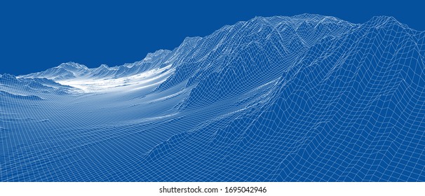 Panorama abstracto del bastidor de alambre 3d. Estilo Blueprint. Representación vectorial del modelo 3D. Terreno geológico