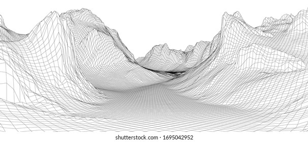 Abstract 3d wire-frame landscape. Blueprint style. Vector rendering from 3D model. Geology Terrain