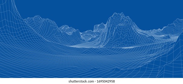 Abstract 3d wire-frame landscape. Blueprint style. Vector rendering from 3D model. Geology Terrain