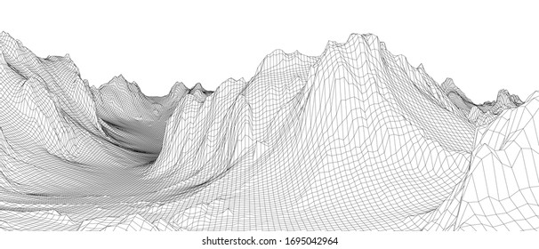Abstract 3d wire-frame landscape. Blueprint style. Vector rendering from 3D model. Geology Terrain