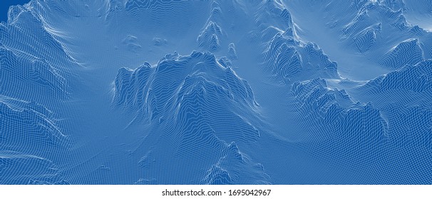 Abstract 3d wire-frame landscape. Blueprint style. Vector rendering from 3D model. Geology Terrain