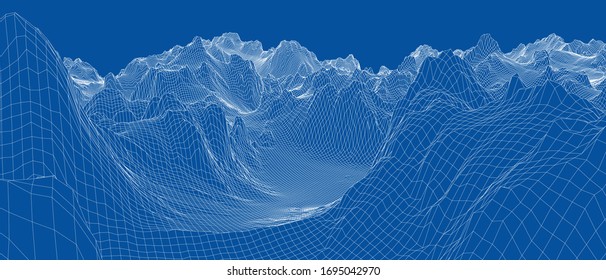 Abstract 3d wire-frame landscape. Blueprint style. Vector rendering from 3D model. Geology Terrain